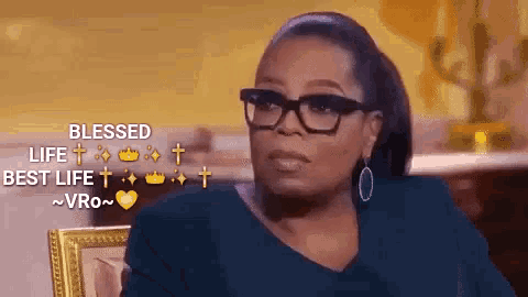 a woman wearing glasses with the words blessed life best life on her face