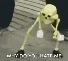 a skeleton is holding a bottle of milk and says `` why do you hate me '' .