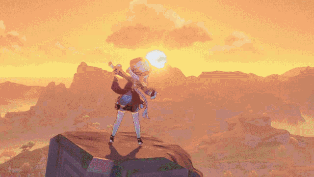a pixel art of a girl holding a sword standing on a rock