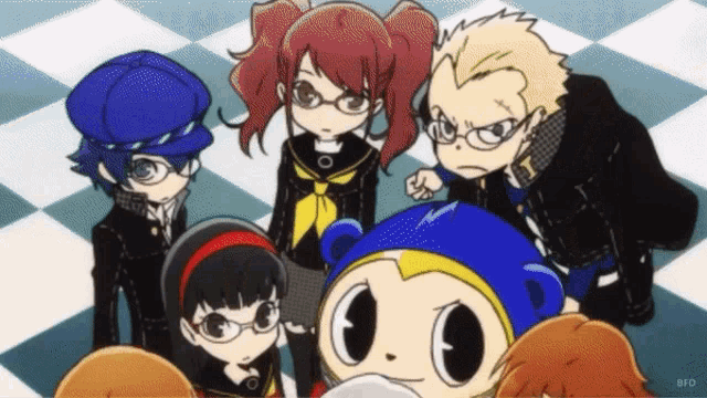 a group of anime characters are standing next to each other on a checkered floor with bfd written on the bottom