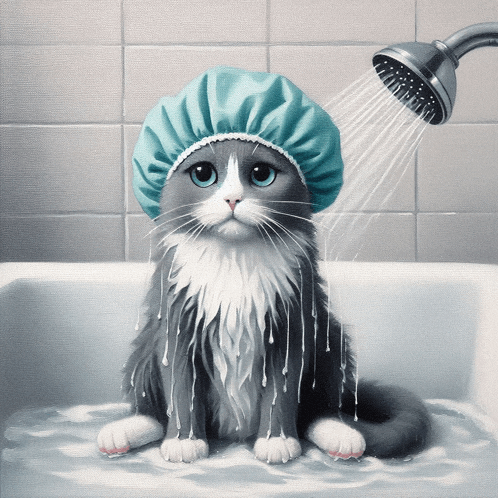 a cat wearing a shower cap is taking a bath in a bathtub