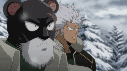 a black panther and a man with white hair are standing in the snow