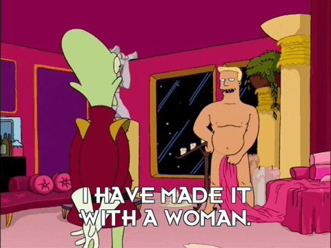 a cartoon says i have made it with a woman in front of a naked man