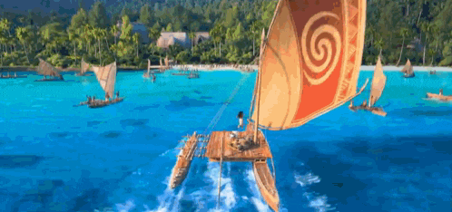 a large sailboat with a swirl on the sail is floating in the ocean