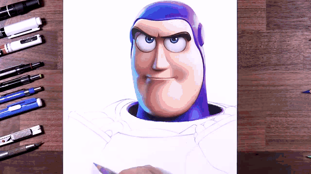 a drawing of buzz lightyear from toy story is on a wooden table