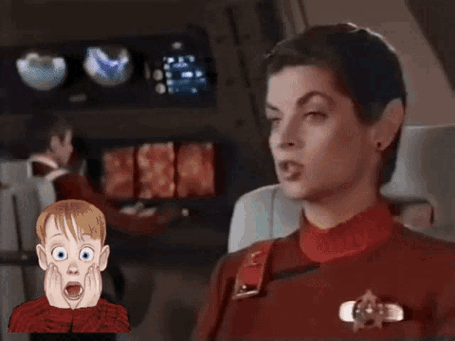 a cartoon of a boy with a surprised look on his face next to a woman