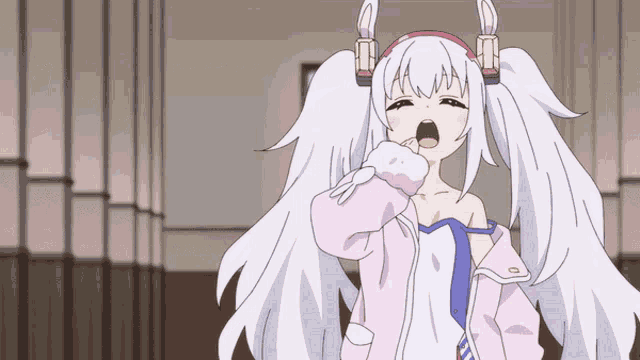 a cartoon character with white hair and a pink jacket