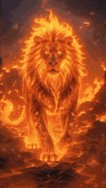 a lion with flames coming out of its fur is walking in the dark
