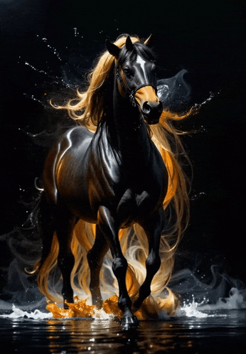 a black and brown horse with a long mane is running through the water