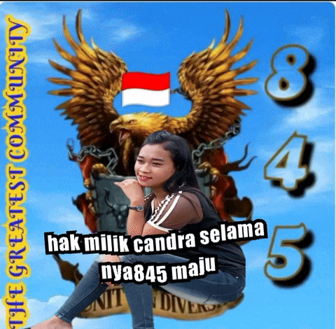 a woman is sitting in front of an eagle with the words hak milik candra selama nya845 maju on the bottom