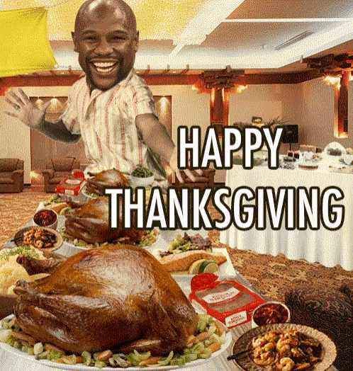 a happy thanksgiving greeting with a picture of a man and turkey