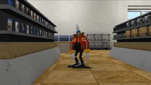 a video game character named eggman is standing in a store aisle