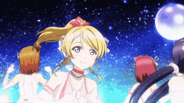 a group of anime girls are standing in front of a starry sky