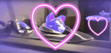 a purple cat is surrounded by a pink heart