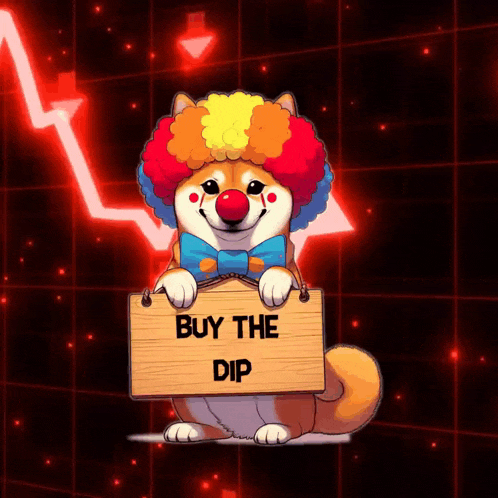 a dog dressed as a clown holds a sign that says buy the dip