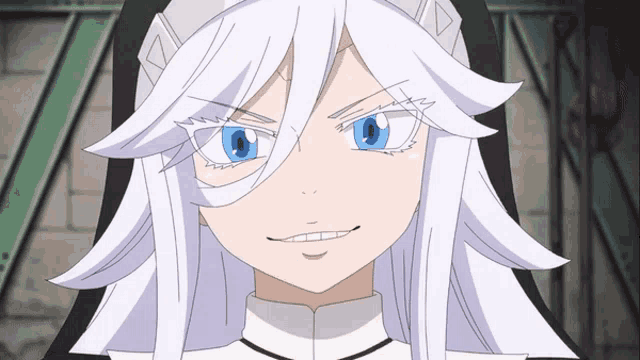 a girl with long white hair and blue eyes is smiling