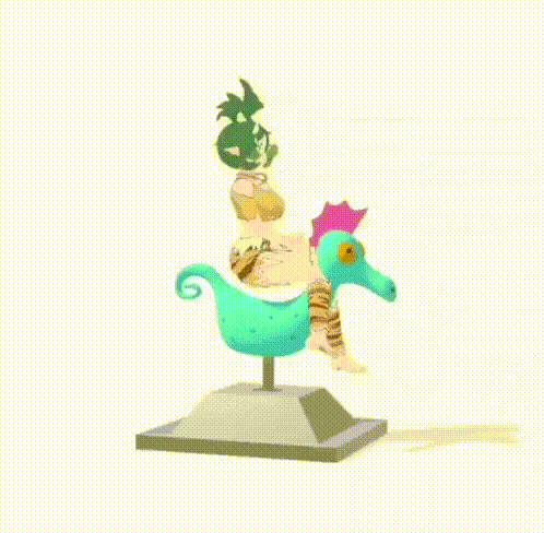 a girl with green hair is riding a blue seahorse on a merry go round .