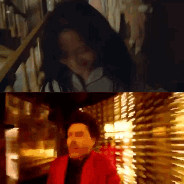 a blurry picture of a woman and a man walking down stairs