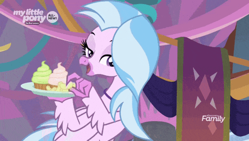 a cartoon of a pony holding a plate of cupcakes with the words my little pony all new on the bottom