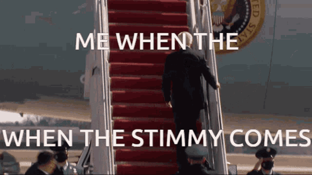 a man walking up stairs with the words me when the when the timmy comes