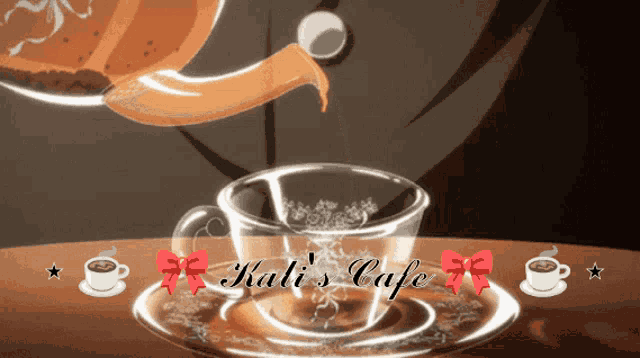 a cup of kali 's cafe sits on a saucer next to two cups of coffee