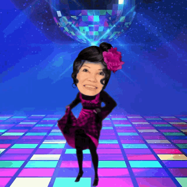 a woman with a pink flower in her hair is dancing on a disco floor