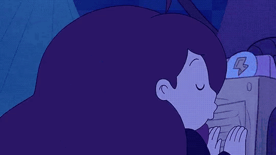 a cartoon character is sitting in a room with a purple background and a purple cat .