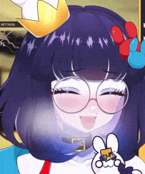 a cartoon girl with purple hair and glasses holds a bunny with dual on it