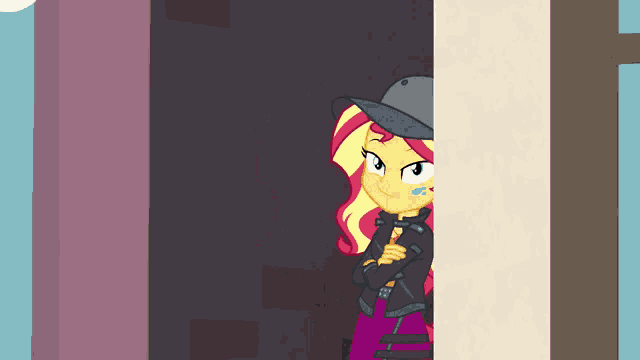 sunset shimmer from my little pony equestria girls peeking out of a doorway