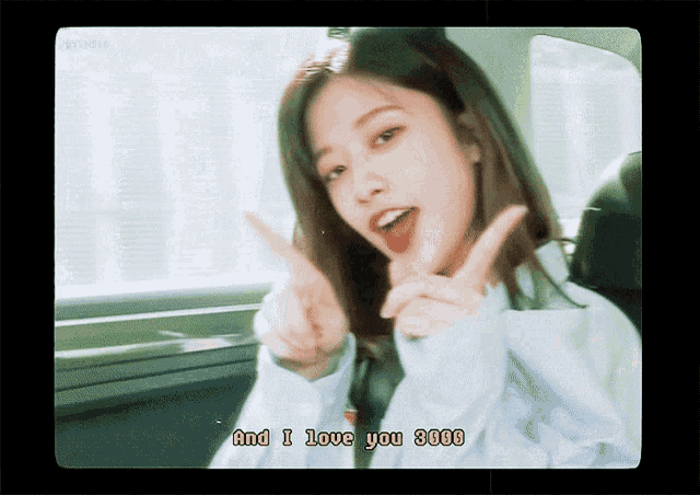a woman giving a peace sign with the words " and i love you 3000 " underneath her