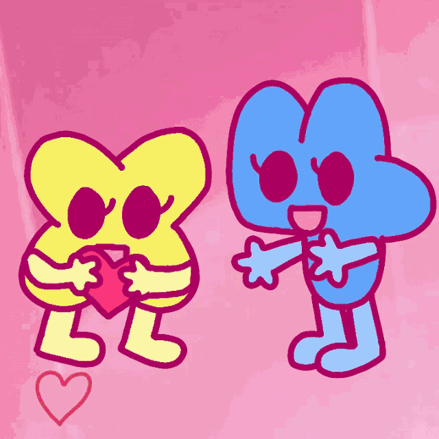 a drawing of two cartoon characters holding hearts