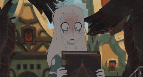 a cartoon drawing of a woman holding a book with a flame coming out of it
