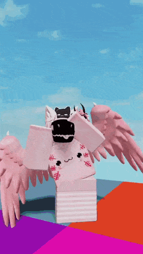 a cartoon character with pink wings is standing on a block
