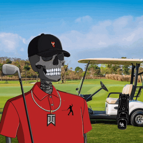 a cartoon drawing of a skeleton holding golf clubs on a golf course with a golf cart in the background