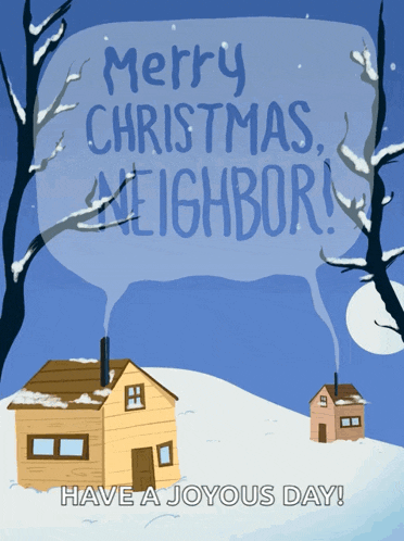 a merry christmas neighbor greeting card with two houses in the snow