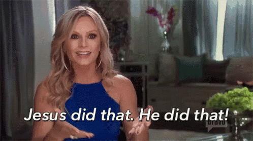 a woman in a blue dress says jesus did that he did that !