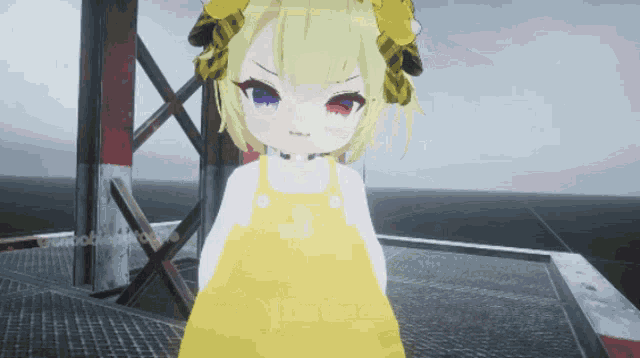 a girl in a yellow dress with red eyes is standing in front of a tower with the word tower visible