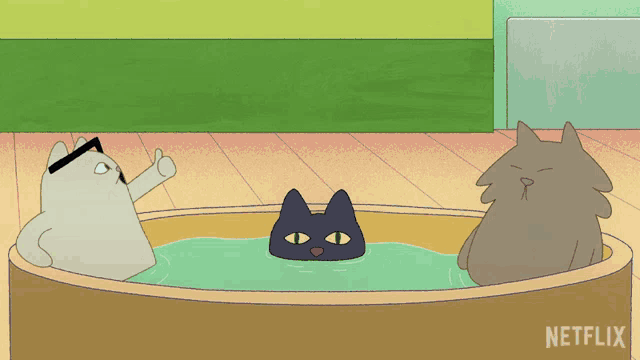 three cartoon cats are taking a bath in a tub that says netflix on it