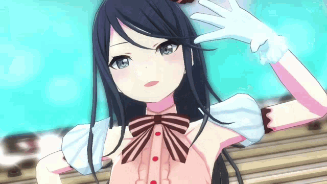 a girl with long black hair is wearing white gloves and a pink top