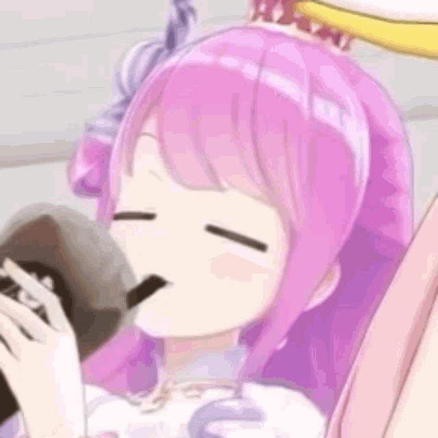 a close up of a pink haired anime girl drinking from a cup with her eyes closed .