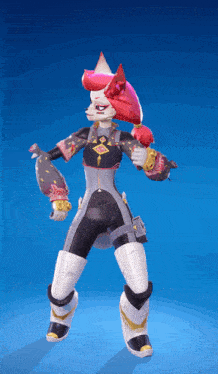 a cartoon character with red hair and white pants is dancing on a blue background