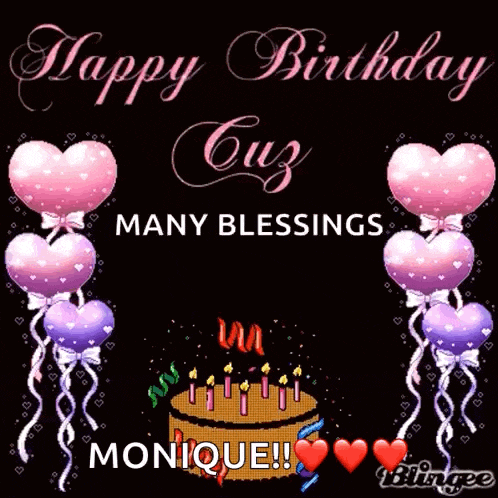 a birthday card with a cake and balloons that says happy birthday monique