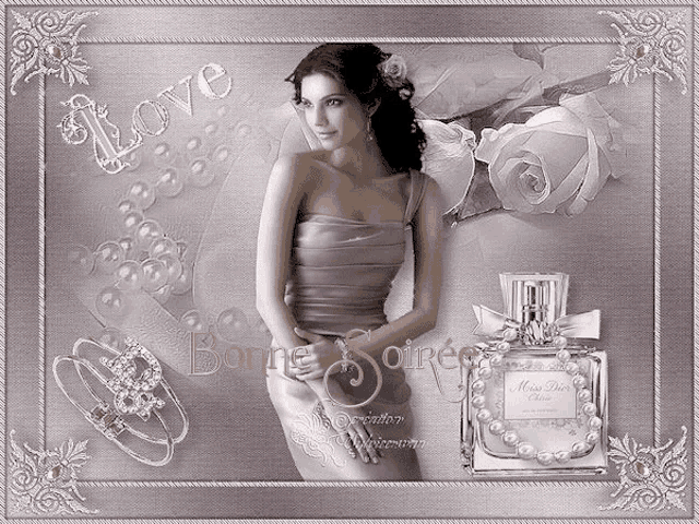 a picture of a woman with a bottle of miss dior perfume in front of her