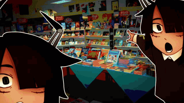 a cartoon of a girl standing in front of a book store with a sign that says read
