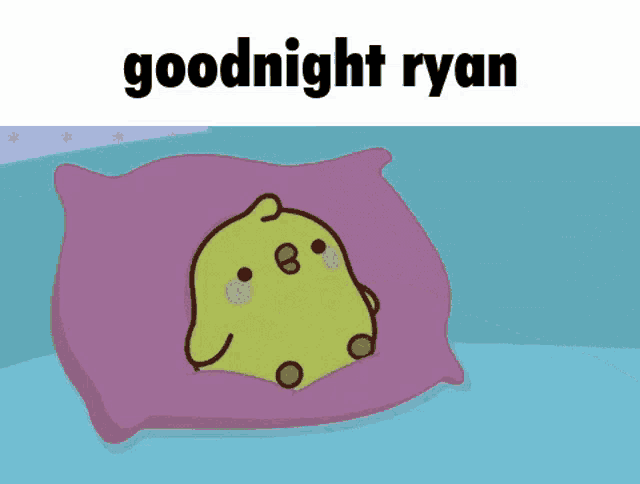 a cartoon of a chicken laying on a purple pillow with the words goodnight ryan below it