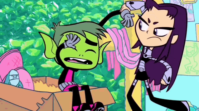 a cartoon of beast boy sitting in a cardboard box with a girl standing behind him