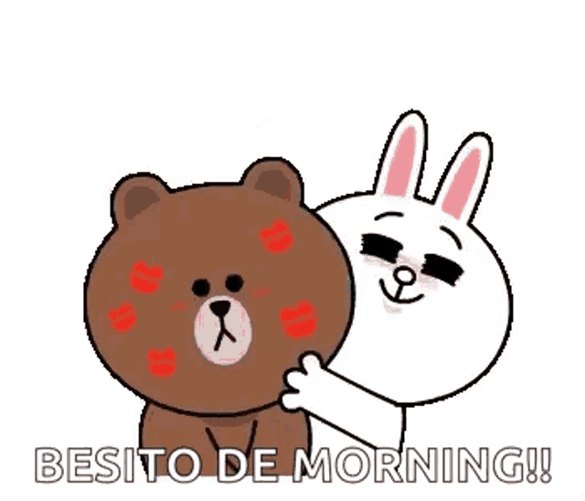 a brown bear and a white rabbit are hugging each other and kissing .
