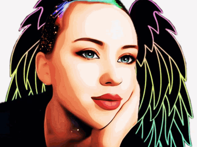 a drawing of a woman with neon wings on her hair