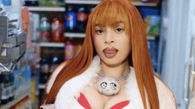 a woman with red hair is wearing a fur coat and a necklace with a cat on it .