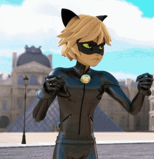 a cartoon character is wearing a cat suit and mask and standing on a street .